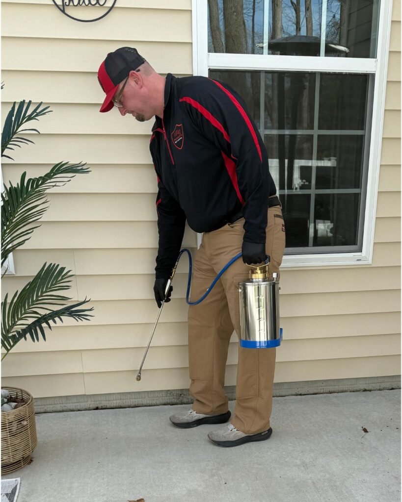 pest technician spraying the outside of a home